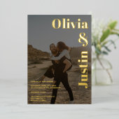 金ゴールドはっきりしたブラック名2枚結婚の写真 箔招待状 (立ち正面)