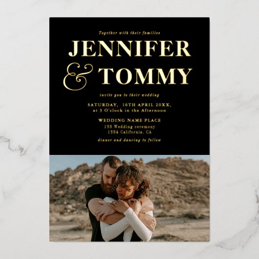 金ゴールドはっきりしたブラック名chic 2枚結婚写真 箔招待状 (正面)
