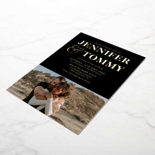 金ゴールドはっきりしたブラック名chic 2枚結婚写真 箔招待状 (回転した状態)