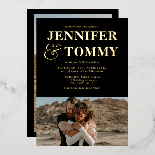 金ゴールドはっきりしたブラック名chic 2枚結婚写真 箔招待状 (正面/裏面)