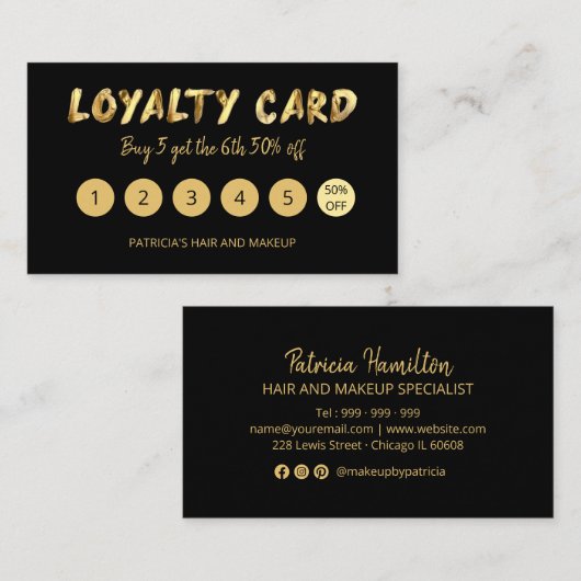 金ゴールドはっきりしたメイクアップアーティストヘアサロン5ロイヤリティカード 名刺 (正面/裏面)