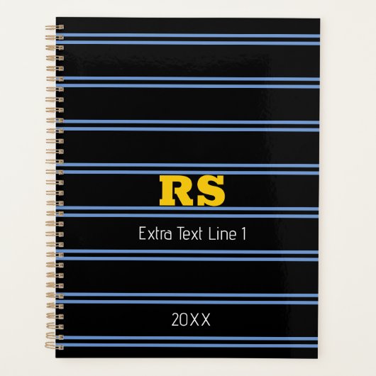 金ゴールドはっきりしたモノグラム、名前、黒の青い線 プランナー手帳 (正面)