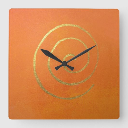 金ゴールドはオレンジ色のゴールデンスパイラルアートの上に旋回モダンする スクエア壁時計 (正面)