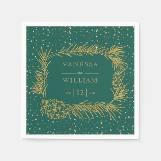 金ゴールドはコーンとクリスマスエバーグリーン結婚の スタンダードカクテルナプキン (正面)