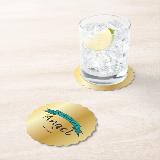 金ゴールドはペーパーコースターと決め付けられたカスタムなロゴをスカラップで仕上げました ペーパーコースター (インサイチュ)