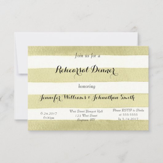 金ゴールドはリハーサルの夕食の招待状を縞で飾ります 招待状 (正面)