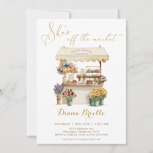 金ゴールドは市場のブライダルシャワーの招待状から外れている 招待状 (正面)