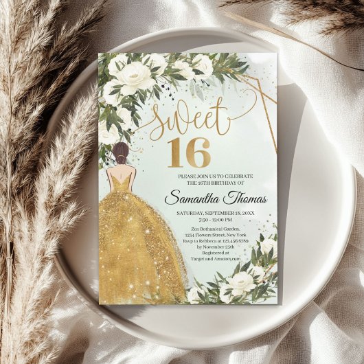 金ゴールドは白いバラの緑のオリーブの葉を着る 招待状