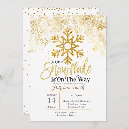 金ゴールドは赤ちゃんシャワーの途中で少し雪が降っている 招待状 (正面/裏面)