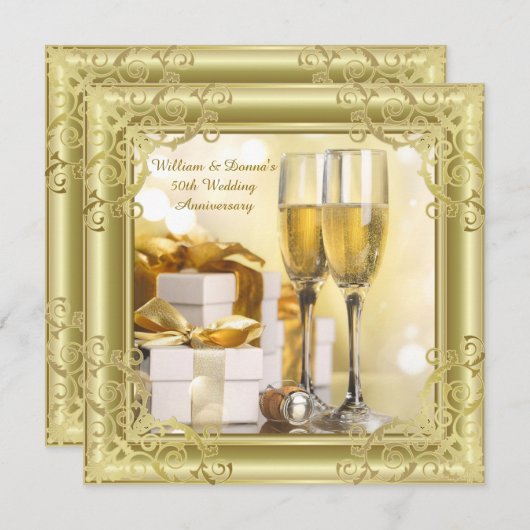 金ゴールドは50周年結婚のパーティーを旋回 招待状 (正面/裏面)