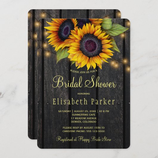 金ゴールドひまわりカントリーバーンドウッドブライダルシャワー 招待状 (正面/裏面)