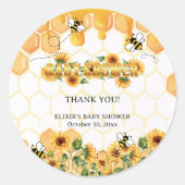 金ゴールドひまわりハニカムミツバチ赤ちゃんシャワー ラウンドシール (正面)