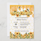 金ゴールドひまわりハニカムミツバチ赤ちゃんシャワー 招待状 (正面)