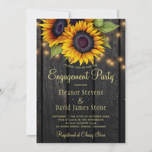 金ゴールドひまわり素朴な田舎の納屋の木婚約 招待状 (正面)