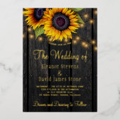 金ゴールドひまわり素朴な田舎結婚の納屋 箔招待状 (正面)