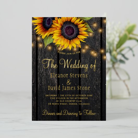 金ゴールドひまわり素朴な田舎結婚の納屋 箔招待状 (立ち正面)