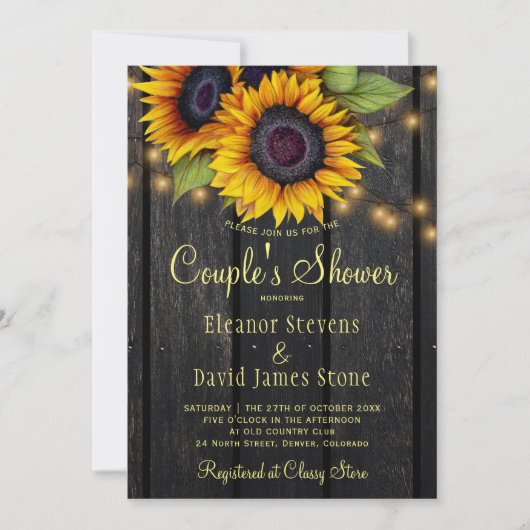 金ゴールドひまわり素朴な納屋の木のカップルのシャワー 招待状 (正面)