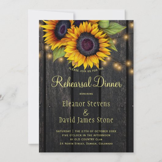 金ゴールドひまわり素朴な納屋の木のリハーサルディナー 招待状 (正面)