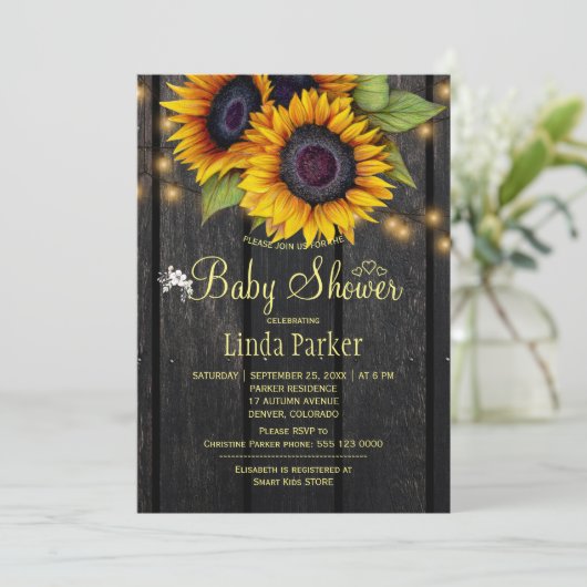 金ゴールドひまわり素朴な納屋の木の赤ちゃんシャワー 招待状 (スタンド正面)