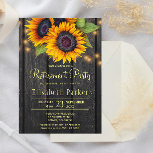 金ゴールドひまわり素朴な納屋の木材の退職パーティー 招待状