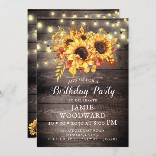 金ゴールドひまわり素朴ウッドバースデーパーティー 招待状 (正面/裏面)