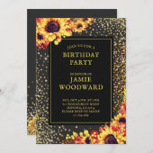 金ゴールドひまわり誕生日パーティー 招待状 (正面/裏面)