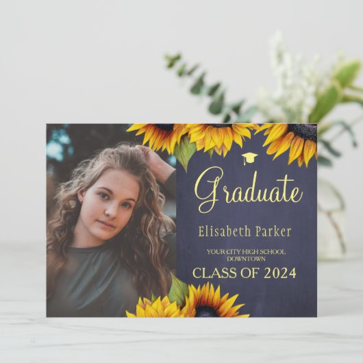 金ゴールドひまわり2枚の写真2枚の卒業発表 招待状 (スタンド正面)