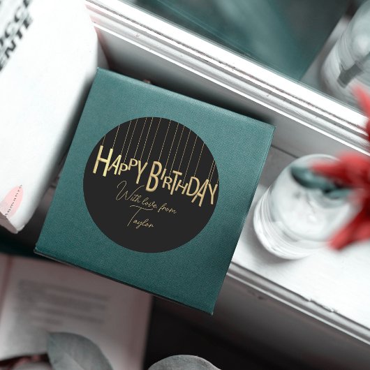 金ゴールドぶら下がったのレタリングオンブラックハッピーバースデー ラウンドシール