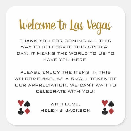 金ゴールドへようこそラスベガス結婚のウェルカムバスケット スクエアシール (正面)
