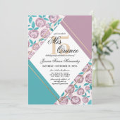 金ゴールドほこりっぽいピンクの花の水色Mis Quince 招待状 (スタンド正面)