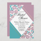 金ゴールドほこりっぽいピンク色の花の水彩ブライダルシャワー 招待状 (正面/裏面)
