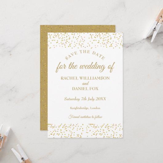 金ゴールドほこり紙吹雪結婚式の日付カードを保存 カード (正面/裏面インサイチュ)