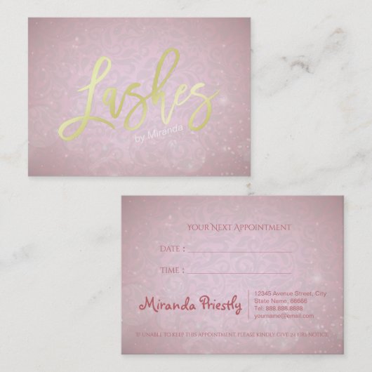 金ゴールドまばたきスクリプトピンクダムマスク化粧アポイントメント 予約カード (正面/裏面)