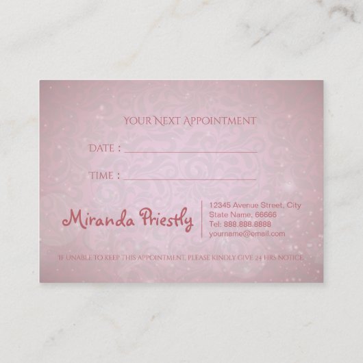 金ゴールドまばたきスクリプトピンクダムマスク化粧アポイントメント 予約カード (裏面)