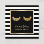 金ゴールドまばたきメイクアップアーティストモダンブラックストライプ スクエア名刺 (正面)