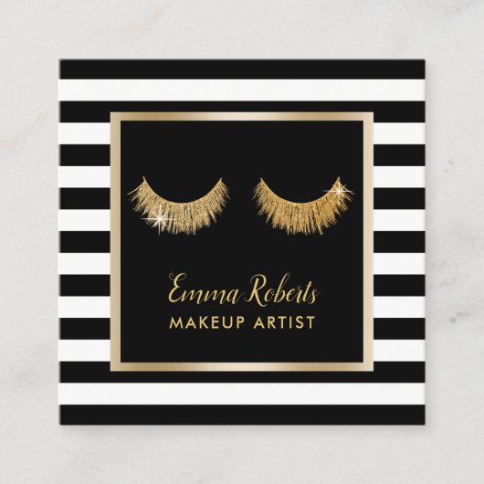 金ゴールドまばたきメイクアップアーティストモダンブラックストライプ スクエア名刺 (正面)