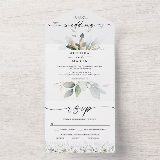 金ゴールドを使った水彩緑結婚のユーカリ オールインワン招待状 (内側)