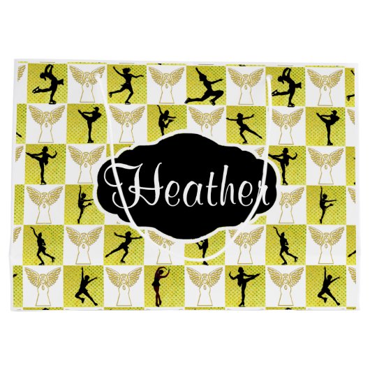 金ゴールドアイススケートで滑るエンジェルカスタムクリスマス抱き枕 ラージペーパーバッグ (裏面)