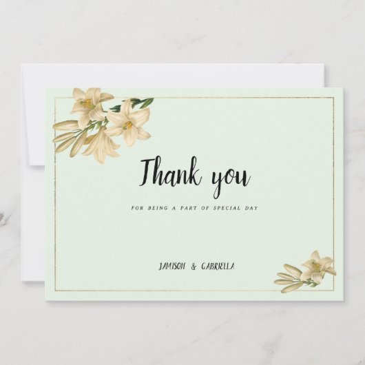 金ゴールドアイボリーミント緑の白ゆり花ありがとう 招待状 (正面)