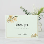 金ゴールドアイボリーミント緑の白ゆり花ありがとう 招待状 (スタンド正面)
