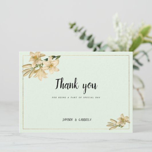 金ゴールドアイボリーミント緑の白ゆり花ありがとう 招待状 (スタンド正面)