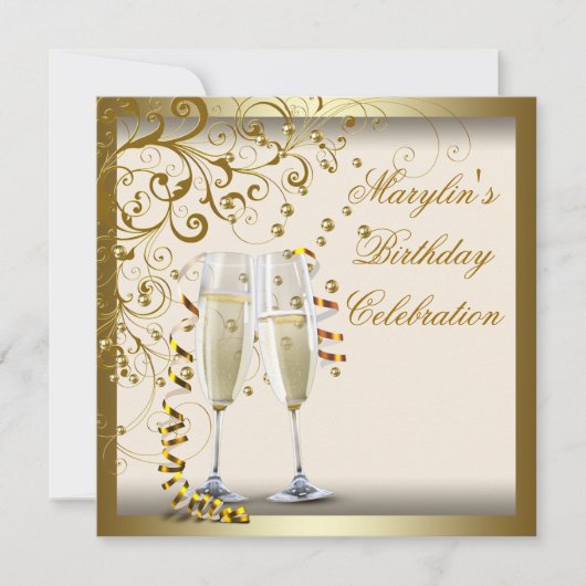金ゴールドアイボリー女性エレガント金ゴールドクリーム誕生日 招待状 (正面)