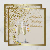 金ゴールドアイボリー女性エレガント金ゴールドクリーム誕生日 招待状 (正面/裏面)