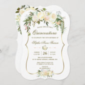 金ゴールドアイボリー赤面フローラキンセアニラ誕生日 招待状 (正面/裏面)