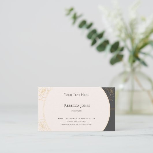 金ゴールドアウトエレガントラインバラモノグラムクリームダークグレー 名刺 (スタンド正面)