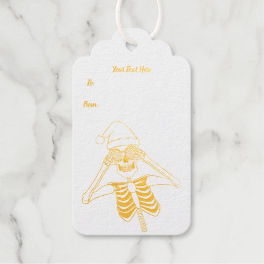 金ゴールドアウトラインスケルトンオーナメントアイメリークリスマス ギフトタグ (正面)