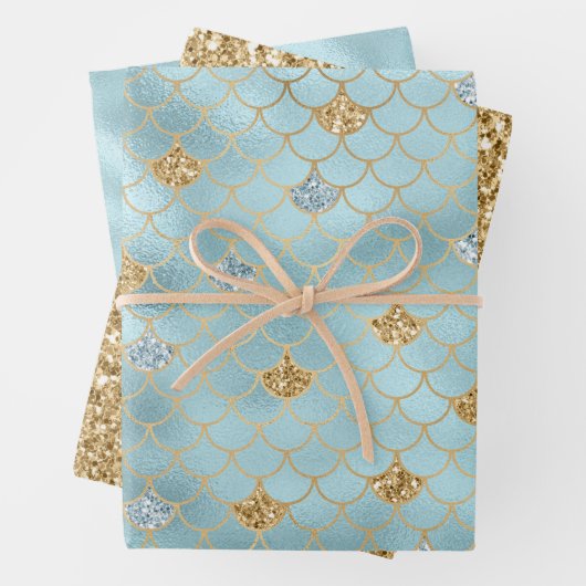 金ゴールドアクアガーリーブルーグリッターマーメイド引用文 ラッピングペーパーシート (インサイチュ)