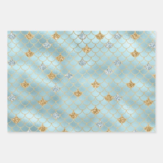 金ゴールドアクアガーリーブルーグリッターマーメイド引用文 ラッピングペーパーシート (正面)