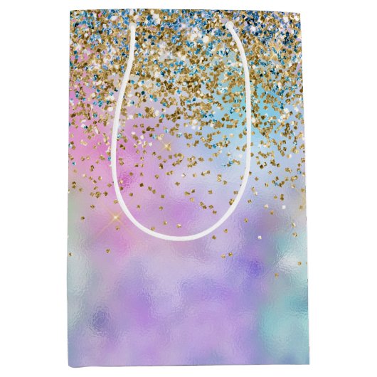 金ゴールドアクアグリッターパープルホワイトユニコーンスパークル ミディアムペーパーバッグ (正面)