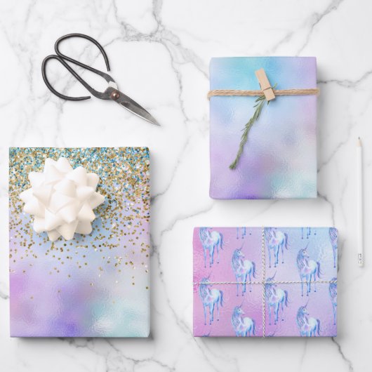 金ゴールドアクアグリッターパープルホワイトユニコーンスパークル ラッピングペーパーシート (正面)